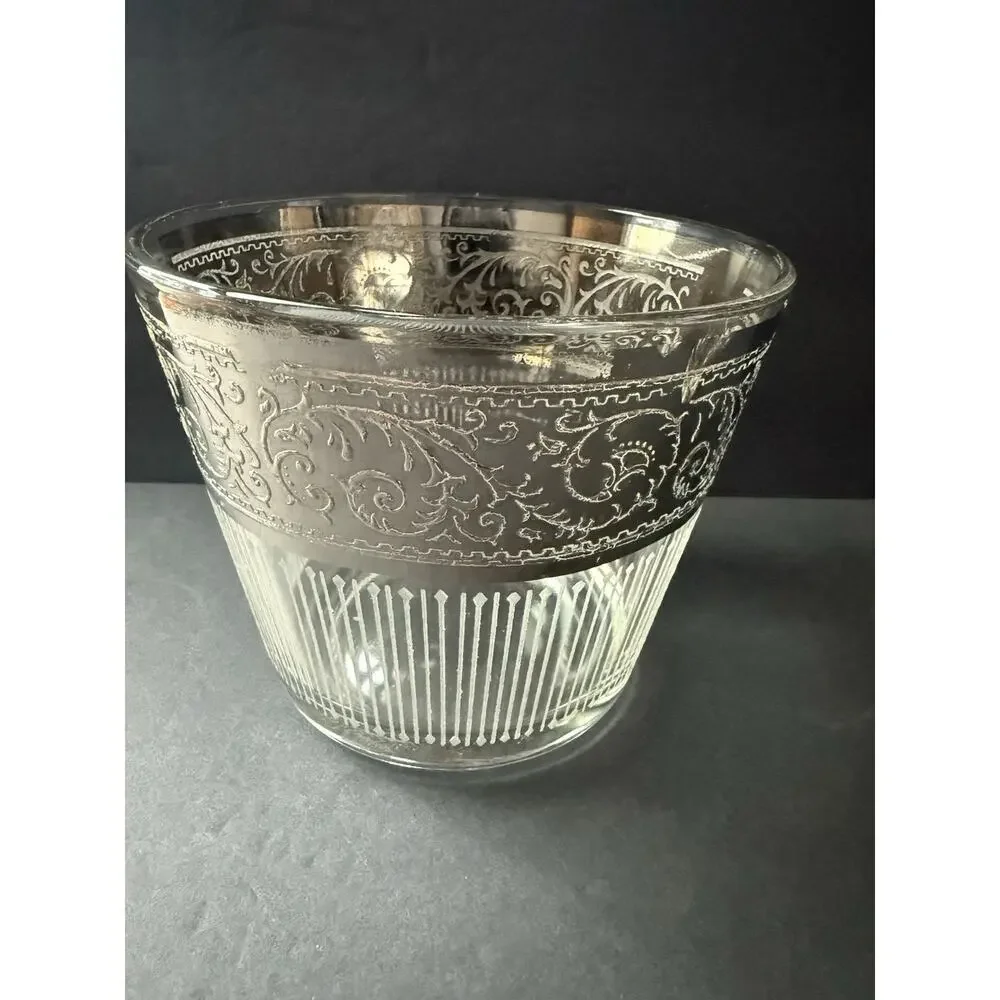 Vintage Starlyte (6) Glasses (1) Ice Bucket Set Clear Silver Rim Band Retro MCM